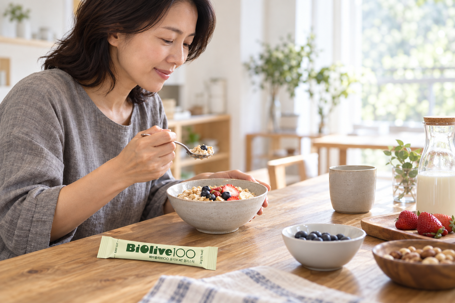 아침 식사를 하는 사람의 식탁에 자연스럽게 놓인 바이올리브100 한 포